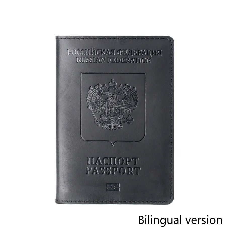 Black Bilingual Винтажная натуральная Crazy Horse Натуральная кожа герб России логотип Обложка для паспорта держатель для карт бизнес двуязычный чехол для паспорта - Цвет: Black Bilingual
