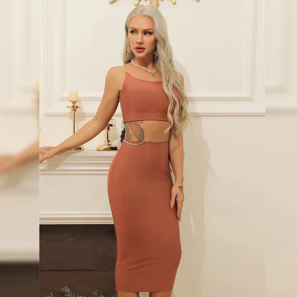 

Women Summer Style Sexy Sleeveless Brown Crystal Diamonds Two Pieces Bandage Set 2021 Celebrity Designer Party Women's Set