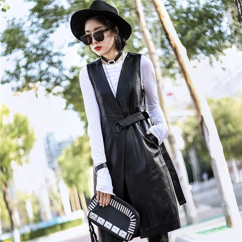 Фото Черная натуральная женская куртка-жилет 2020 летний модный тонкий длинный