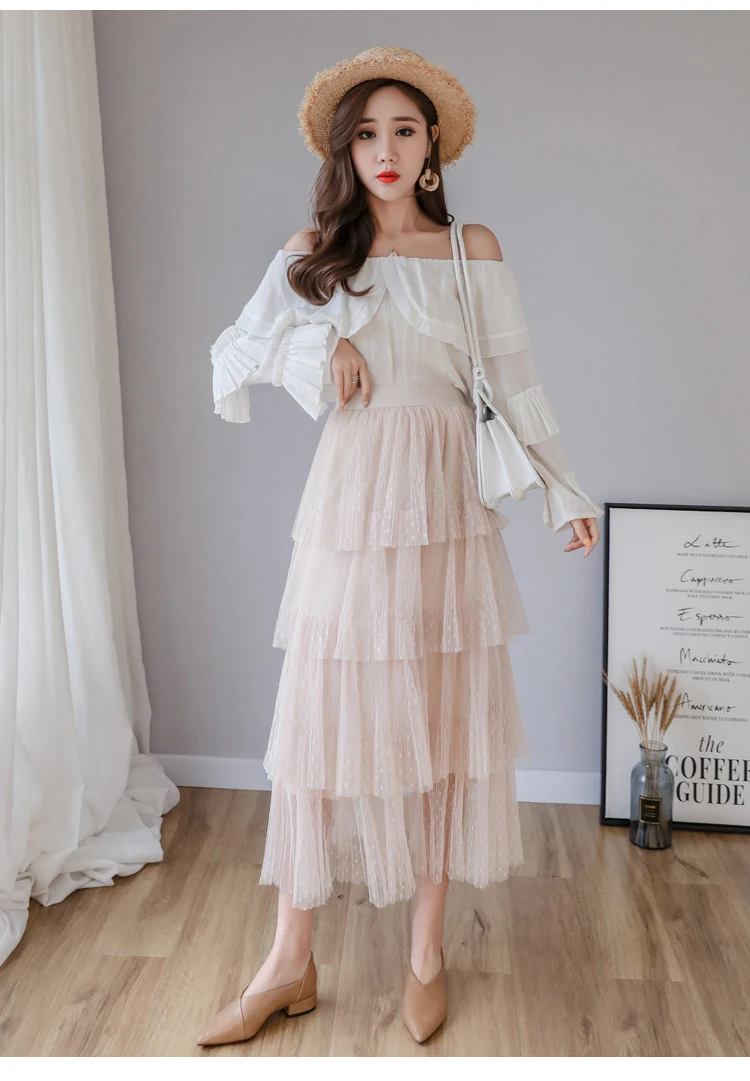 

Fdfklak Long skirt women spring autumn new net yarn pleated A type skirt long cake gauze skirts ins temperament fairy skirts