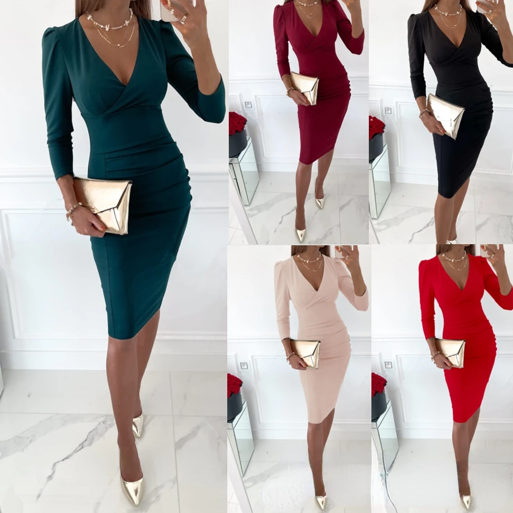 

Fall Hot Style V-neck Sexy Temperament Commuter Waist Waist Solid Color Dress Women's Clothing