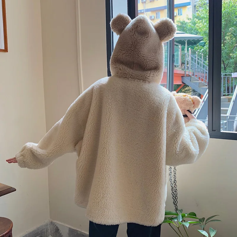 Vintage Winter Sweet Girl Cartoon Bear Ear Hooded Pocket Kawaii Coat Women Single-Breasted Keep Warm Thicken Lambswool Outerweat