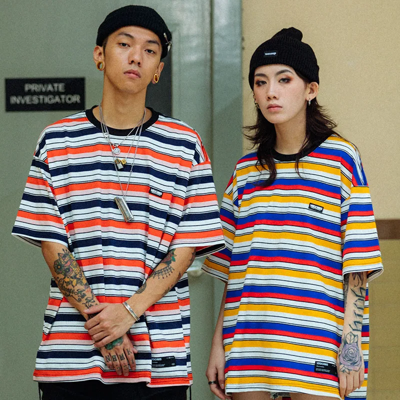 Hip Hop T Shirt Men 2020 Streetwear Harajuku Stripe Tshirt Short Sleeve Cotton HipHop T-Shirt Loose Fashion Tops Tees Green Blue | Мужская