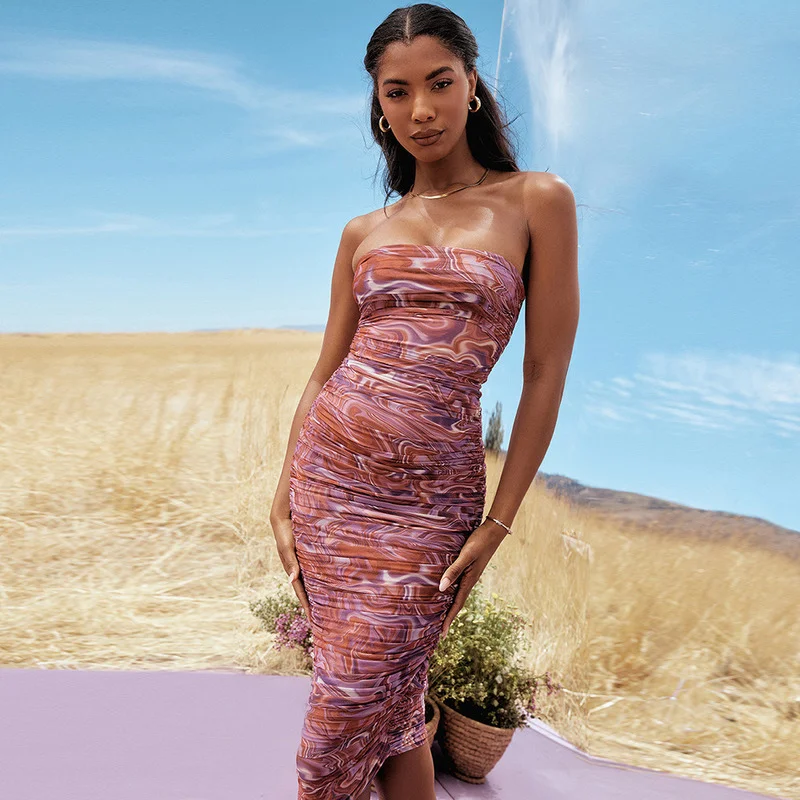 

Women Sexy Midi Mesh Dress Lady Backless Cross Bandage Bodycon Party Dress Pleated Stretch Printed Evening Dress Vestidos