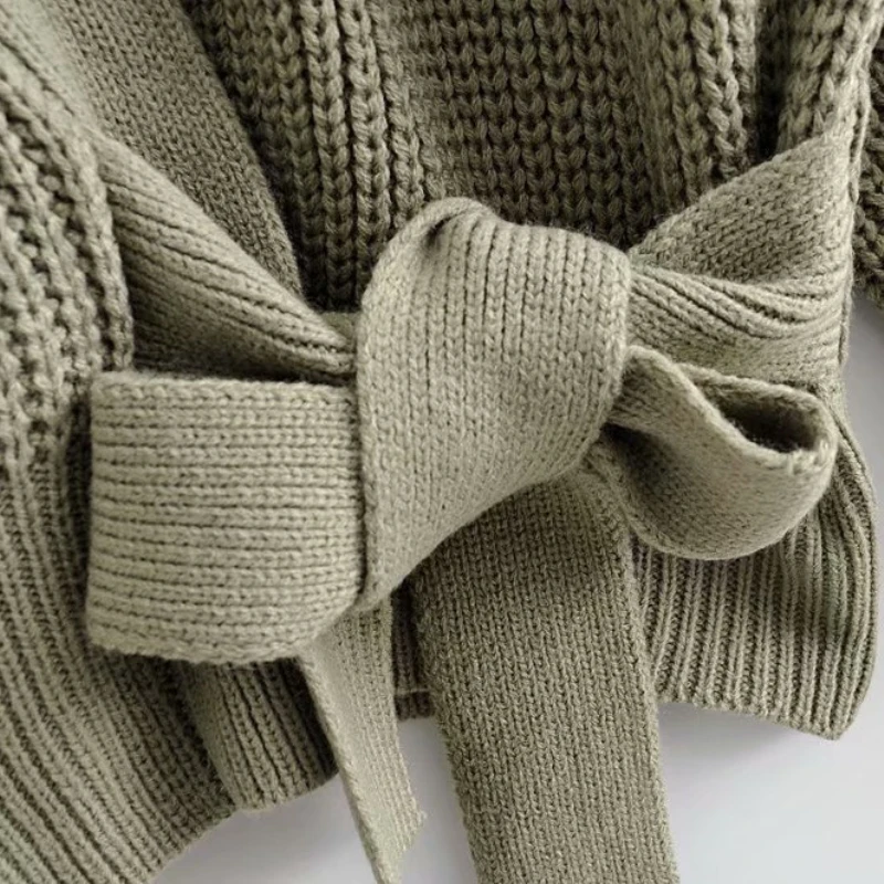 

PUWD Casual Woman Oversized V Neck Belt Sweater 2020 Fashion Ladies Autumn Knitted Loose Tops Female Chic Soild Color Sweaters