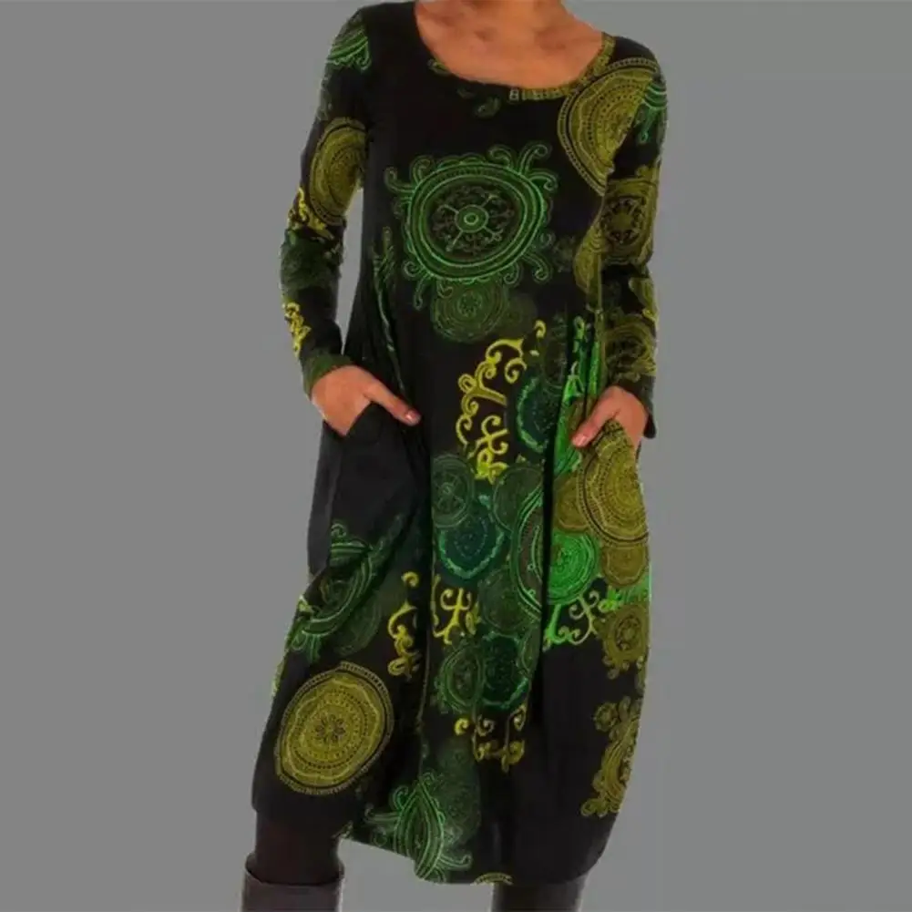 

Women Dress Vintage Autumn Winter O-Neck Retro Print Side Pockets Ethnic Style Midi Dress Ethnic Style Women Dress Streetwear