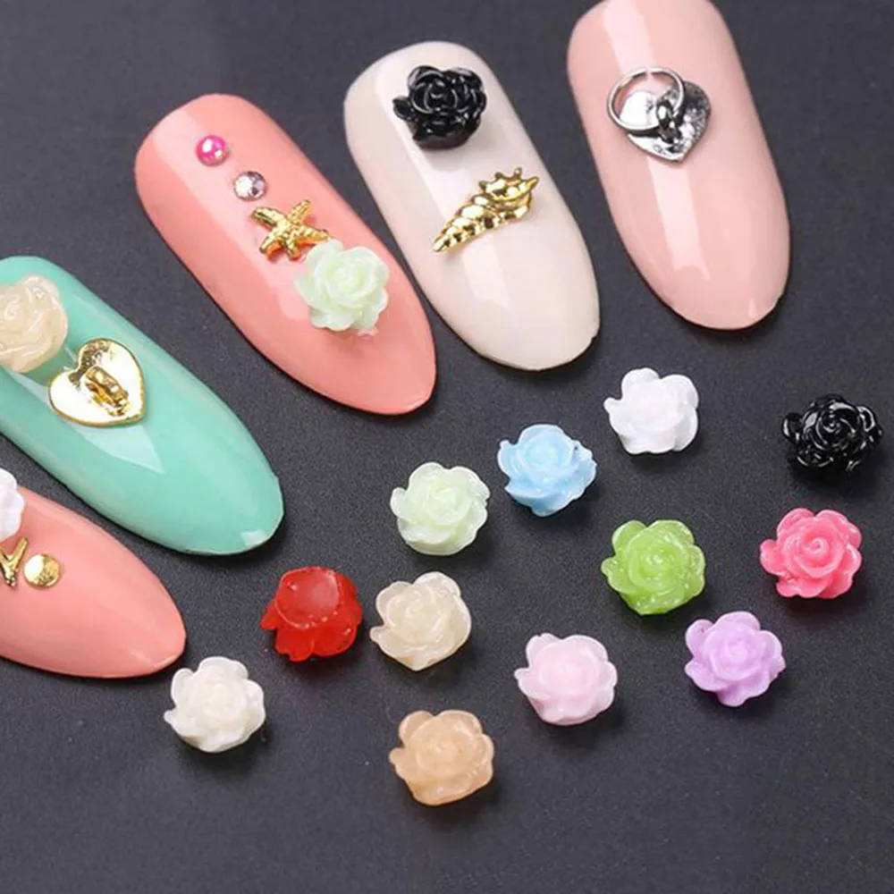 

100pcs/bag 3D Nail Art Decorations Resin Rose Flowers Flatback Glitter Acrylic Supplies DIY Nail Charms Accessories Decor CF09
