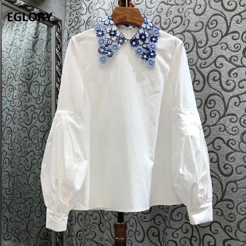 100%Cotton Shirts 2021 Spring Summer Designer Clothing Tops Women Embroidery Turn-down Collar Long Sleeve Casual White Shirt