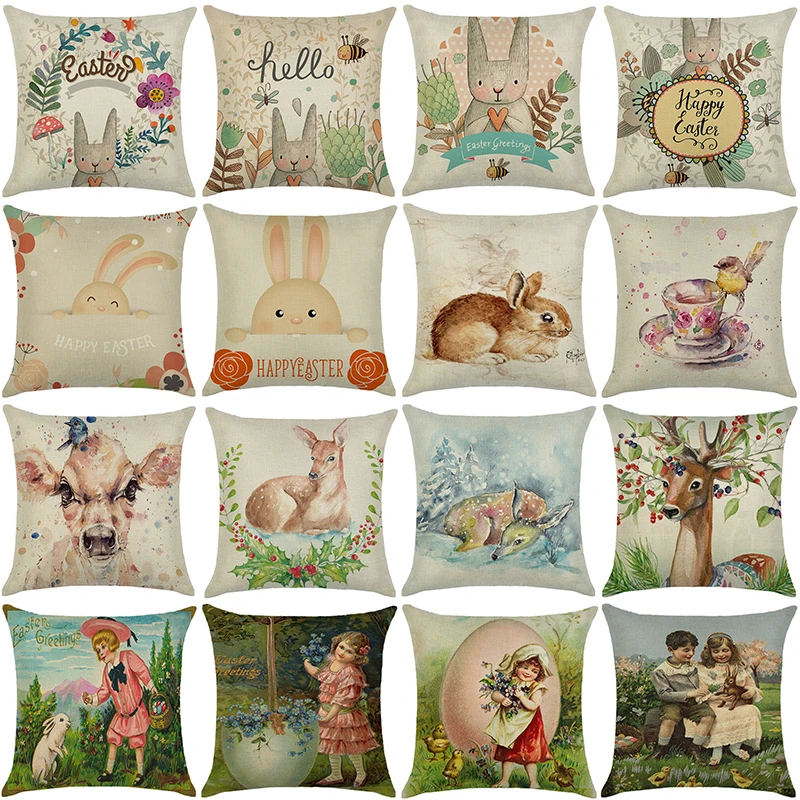 

Happy Easter Holiday Decor Cushion Cover 18x18 Inches Home Couch Decoration Pillow Covers Bunny Hare Printed Linen Pillowcase