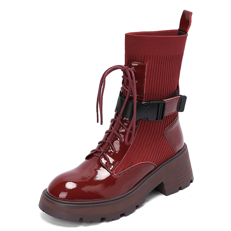 

Round Toe Fashion Knitting Shoes Patent Leather 2021 Autumn Winter Warm Fur Lace Up Buckle Strap Women Sock Boots Thick Platform