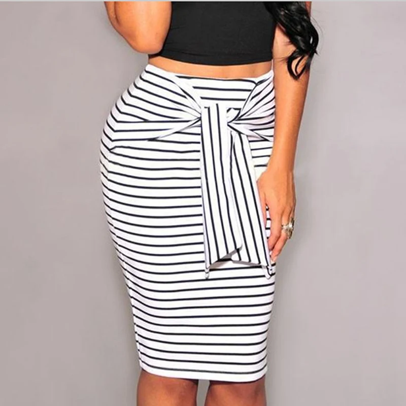 2022 Summer Women Stripe Pencil Skirts Sexy Bodycon Long Skirt Fashion High Waist Bow Tie Skirt Big Size White Black Female 2XL