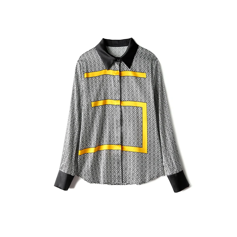 

100% silk blouse ladies 2020 European station early spring women's new fashion lapel long-sleeved shirt retro printed silk top