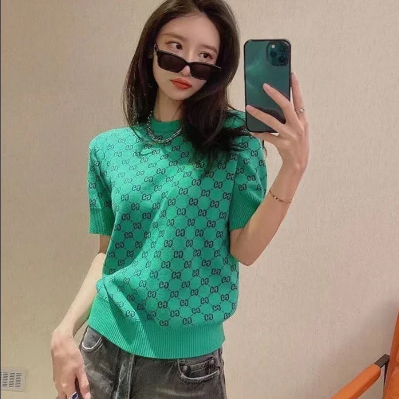 

Letter Jacquard Spring Summer Short Sleeve Fresh Sweet Knitting Crew Neck Temperament Commuter Sweater