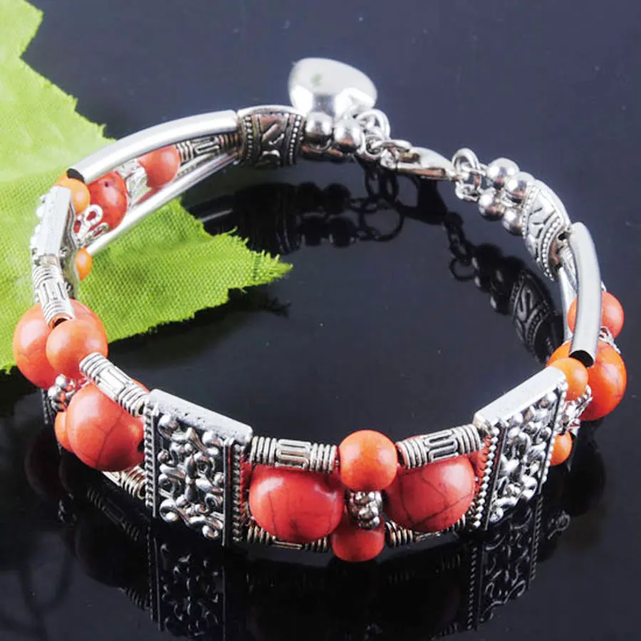 

WOJIAER Tibetan Antique vintage Bracelet Turquoises Gem Stone Round Beads Bracelet Cuff Bangle Jewelry 6.5"-7" PZ642