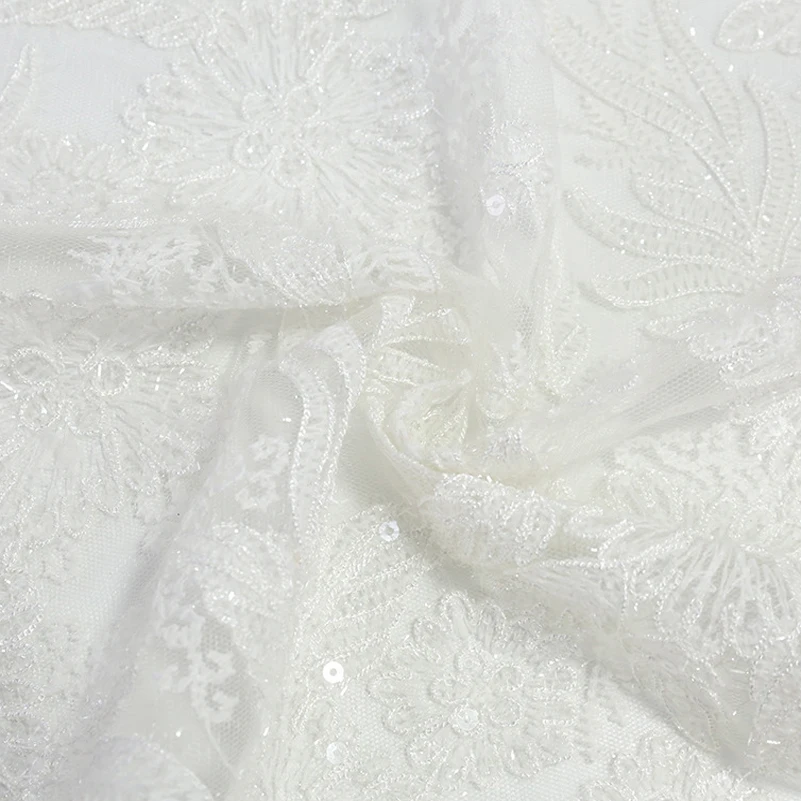 

White Sequin Embroidery Polyester Lace Fabric for Sewing Wedding Dresses Clothes by the Meter