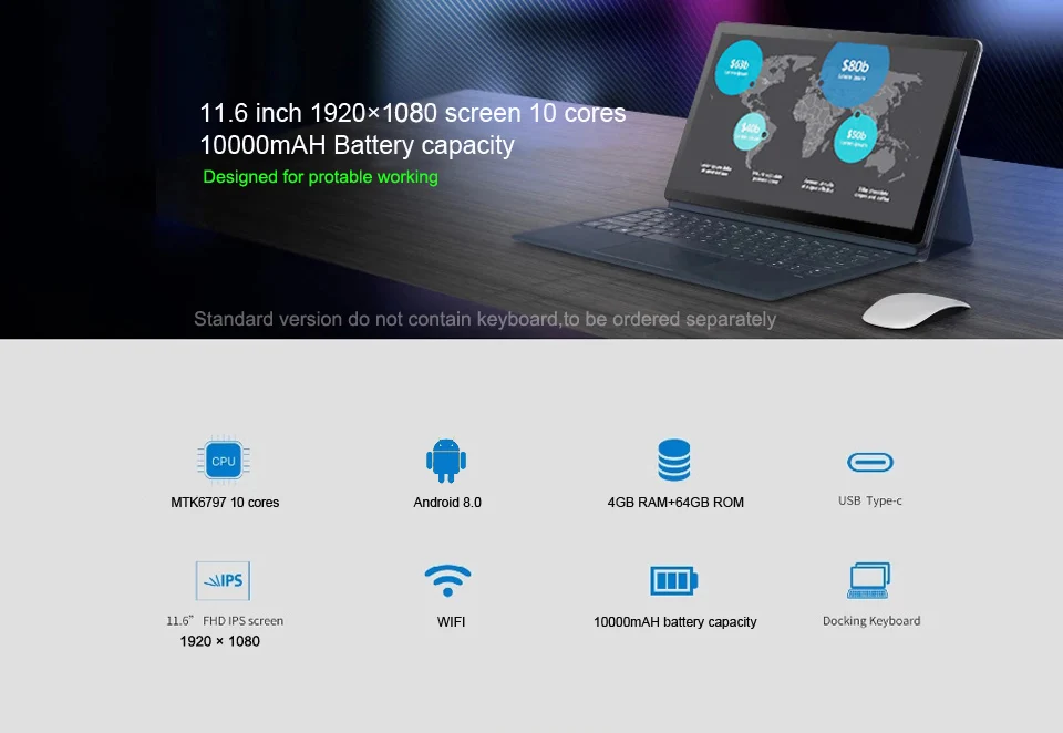 Ноутбук планшет 11,6 дюймов MTK6797(X27) Deca-core Android 8,1 128 ГБ rom Камера 13,0 МП 4G LTE 2 в 1 ноутбук планшеты с клавиатурой