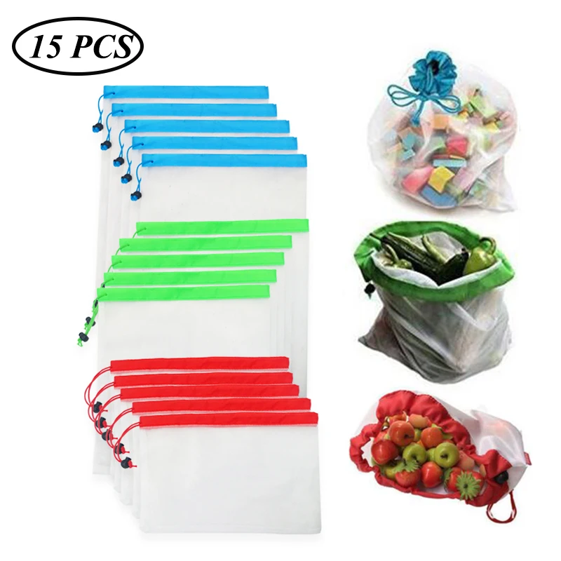

15pcs Reusable Mesh Produce Bags Washable Eco Friendly Bags for Grocery Shopping Storage Fruit Vegetable Toys Sundries Bag