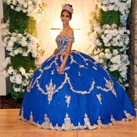 glitter blue quinceanera dresses with golden appliques ball gown puffy princess off the shoulder 15 year prom dress for debut