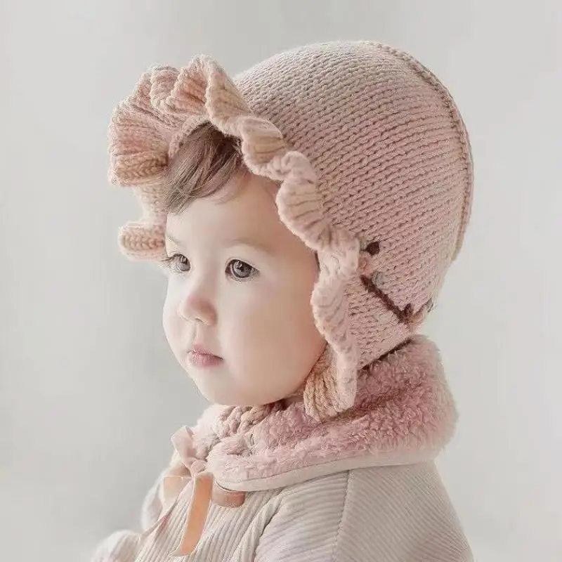 

Winter Infant Girls Keep Warm Knitted Cute Lace Jacquard Hat Solid Color Tab Hats 6 Color