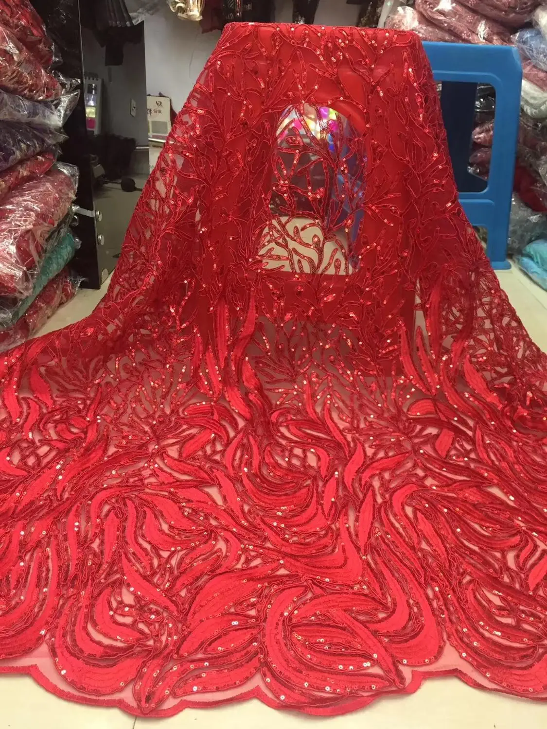 Красное высококачественное бордовое Африканское кружевное полотно с пайетками