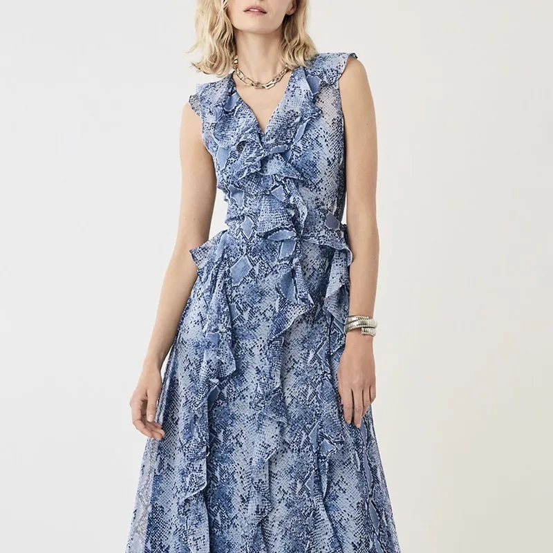 TWOTWINSTYLE Snake Print Sleeveless Women Dress V Neck Off Shoulder Ruffles High Waist Ankle Length Dresses Female Summer 2020 | Женская
