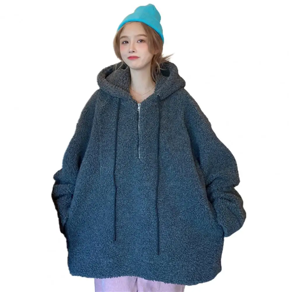Women Winter Long Sleeve Half Zipper Faux Fleece Warm Oversize Hoodie Sweatshirt