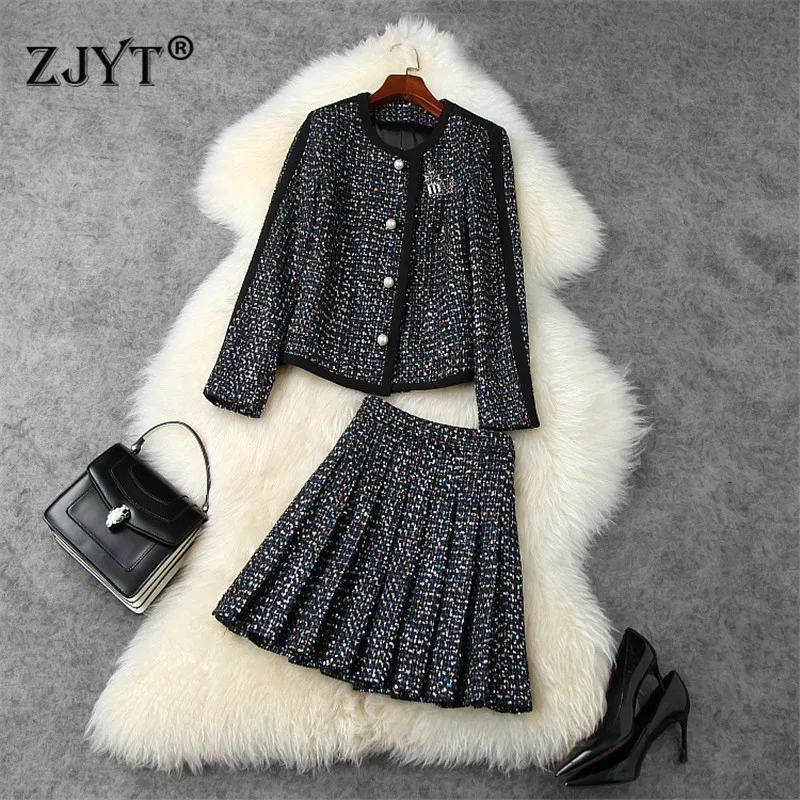 

Runway Designers Autumn Winter Long Sleeve Sequined Tweed Woolen Jacket and Pleated Skirt Suit 2 Piece Clothing Sets Women
