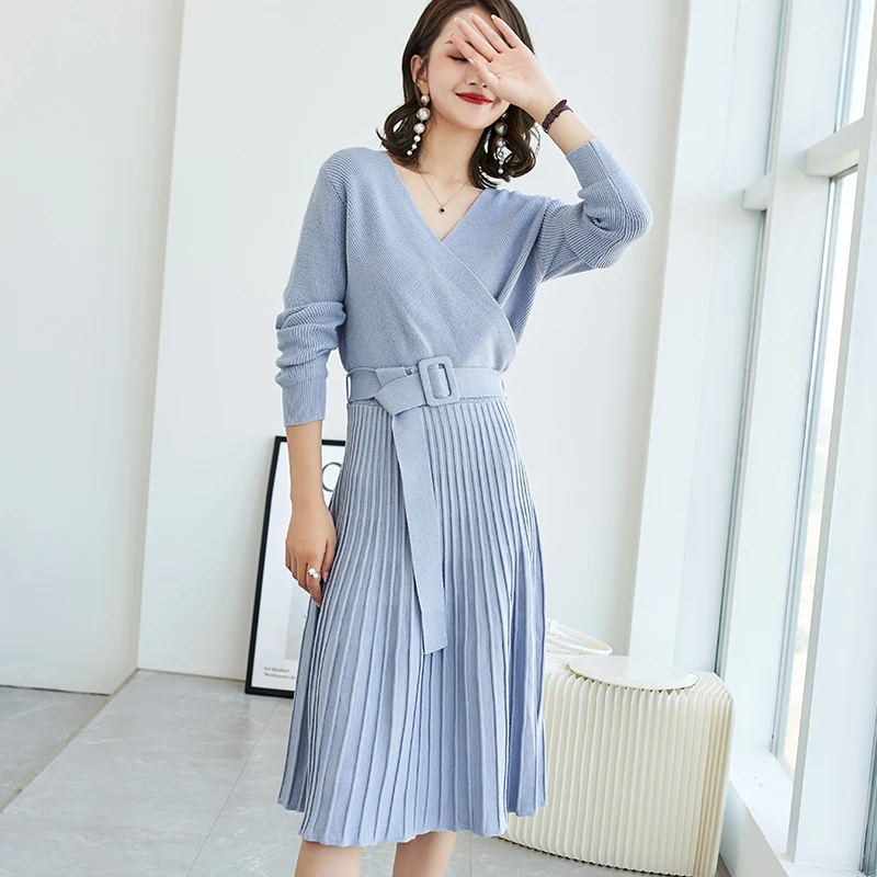 Женское трикотажное платье свитер однотонное элегантное Плиссированное Платье