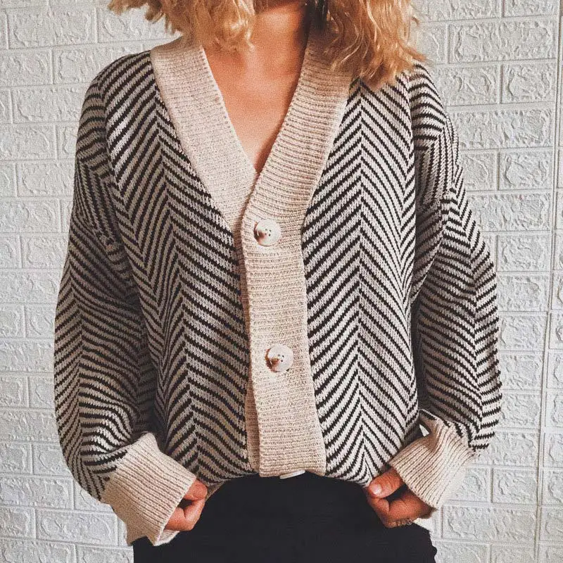 

Diamond Striped Women's Sweater Single Breasted Autumn Winter Warm Knitted Cardigans For Women V-neck Long Sleeve Top Lady