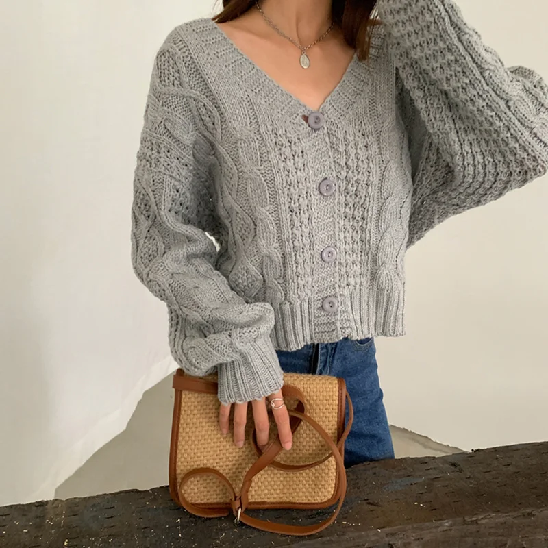

Women's Autumn Winter Chic Sweaters Japan Style Sweet V Neck Solid Color Single Breasted Knitted Short Loose Cardigans for Femme