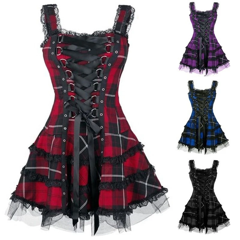 

Dress Women Classic Frill Lace Dresses Sleeveless Plaid Vintage Gothic Mini Dresses Ball Gowns Cosplay Costume Plus Size Dress