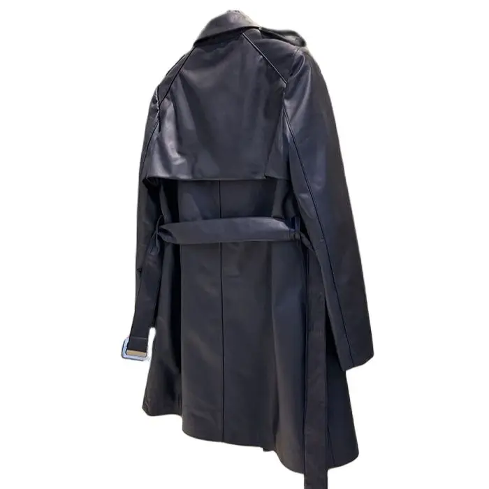 Abrigo de piel de oveja para mujer, rompevientos con hebilla, abrigo largo de tela suave, chaqueta de cuero largo medio para motocicleta, 2021