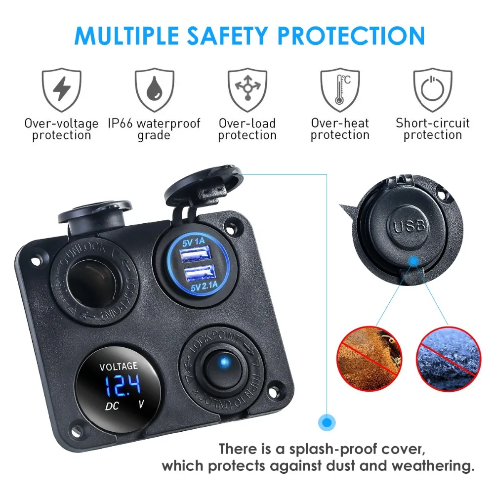 New Dual USB Waterproof Car Charger Cigarette Lighter Socket Intelligent Mutiple Protection Adapter With LED Voltage Display | Электроника