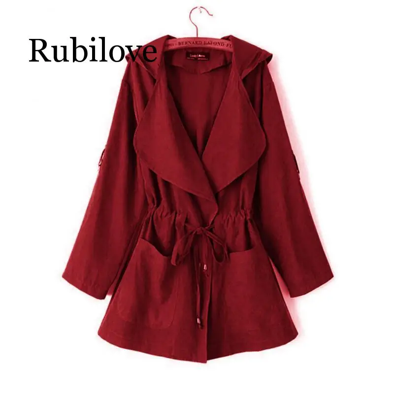 

Rubilove Autumn Women's Casual Hooded Windbreaker Coat Turndown Collar Overcoat Outerwear Coat Solid Color Trench Belt Slim Tops