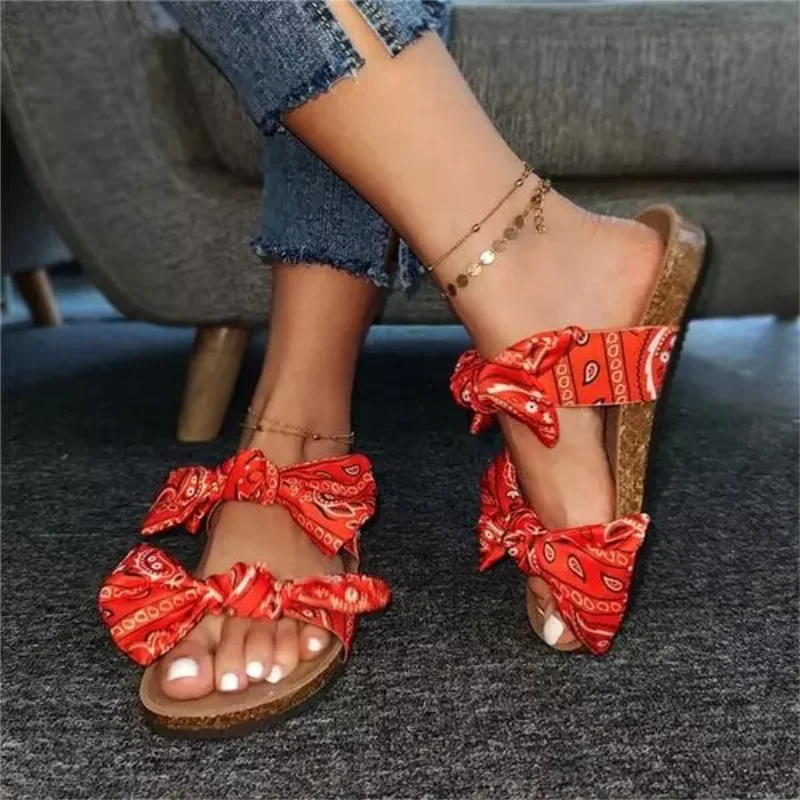 

Ladies Double Bowknot Open Toe Flat Flat Heel Sweet and Cute Fashion Casual Sandals and Slippers Summer Beach Shoes 9KL043