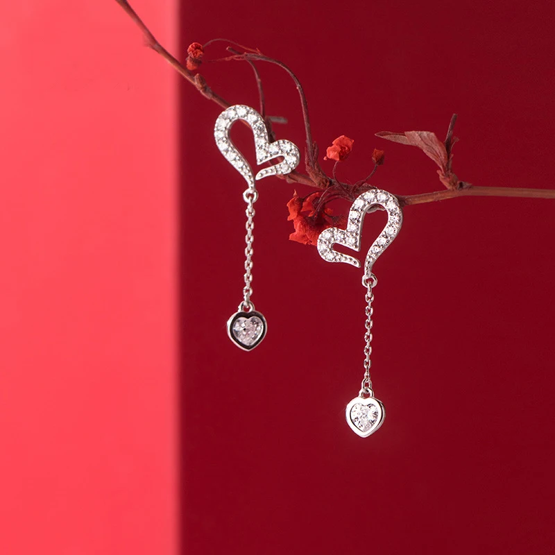 

100% Real 925 Sterling Silver Love Heart Drop Earrings Cute Shiny Zircon Earrings Birthday Weddding Anniversary gifts Jewelry