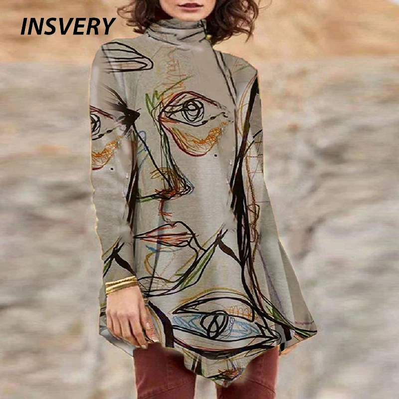 

Vintage Print Blouse Shirt Women High Neck Casual Long Sleeve Blouse Women Fashion Long Shirt Plus Size Office Lady Loose Tops