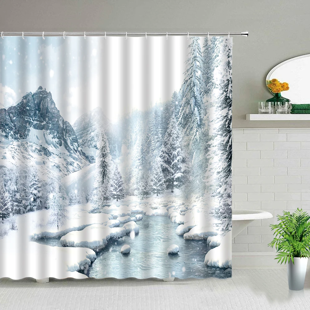 

Landscape Shower Curtains Winter Snowflake Forest Tree Ice Lake Surface Snow Scene Bathroom Decor Waterproof Cloth Curtain Set