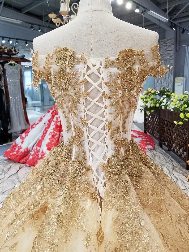 

BGW HT3301 Golden Flower Beautiful Dress Quick Shipping Off The Shoulder V-neck Lace Up Champagne A-line Cheap Evening Dress