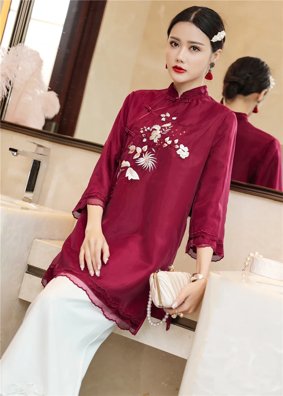 Китайский стиль вышивка женские Cheongsam высокое качество шифоновые рубашки|qipao