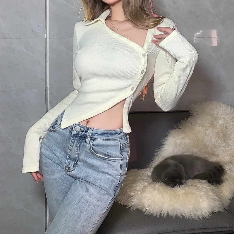 Асимметричная однобортная рубашка Fitshinling Y2K с Боковым Разрезом длинным рукавом и