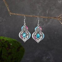 vintage ethnic crystal earrings for women luxury silver color hollow carved drop earring fashion female party club jewelry gift