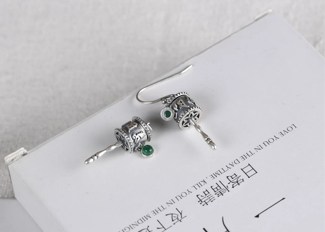 

100% 925 Silver Tibetan OM Prayer Wheel Pendant Earrings sterling Tibetan Jewelry Buddhist prayer wheel Pendant