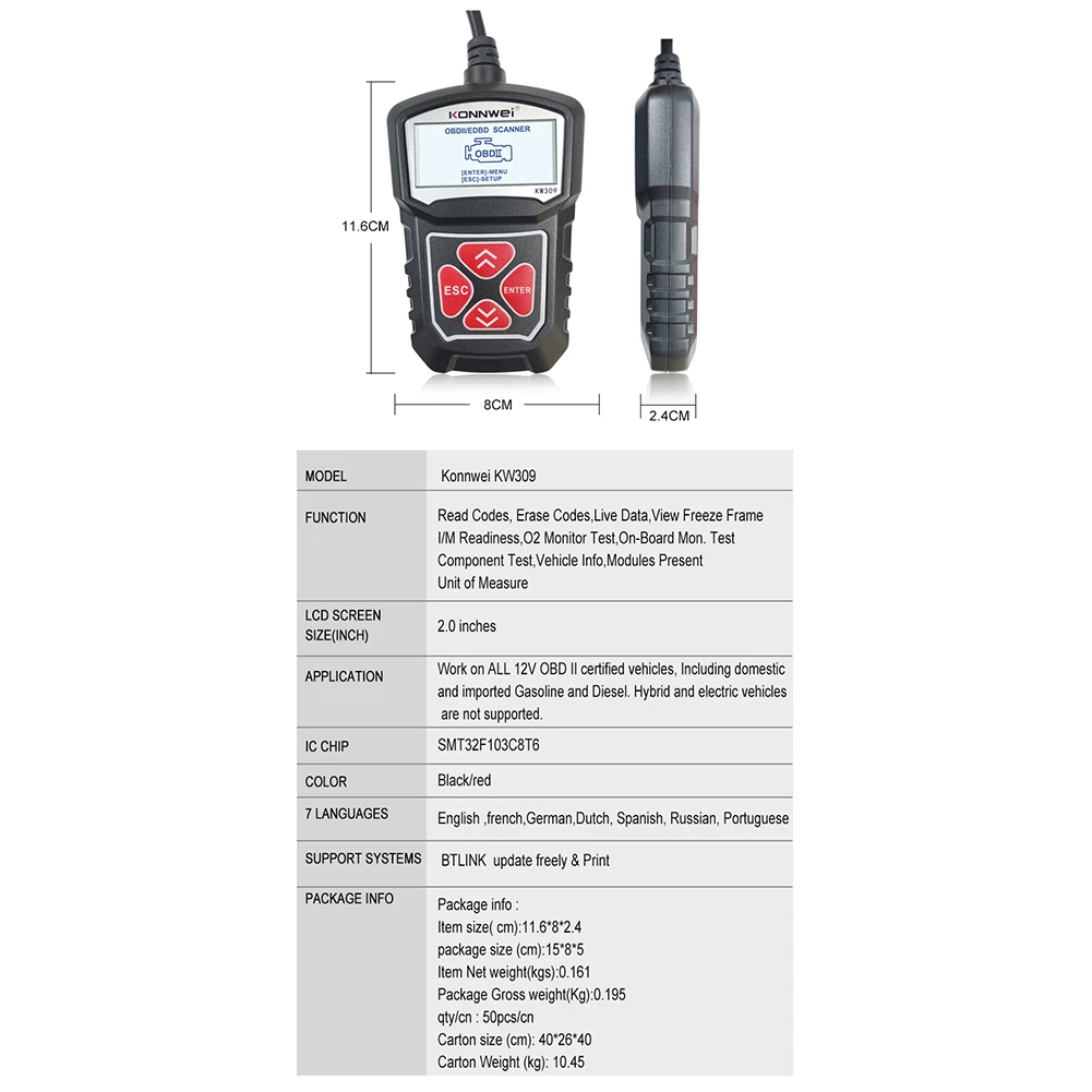 

KW309 OBDII Diagnostic Scanner Vehicle Engine Diagnosis Code Reader