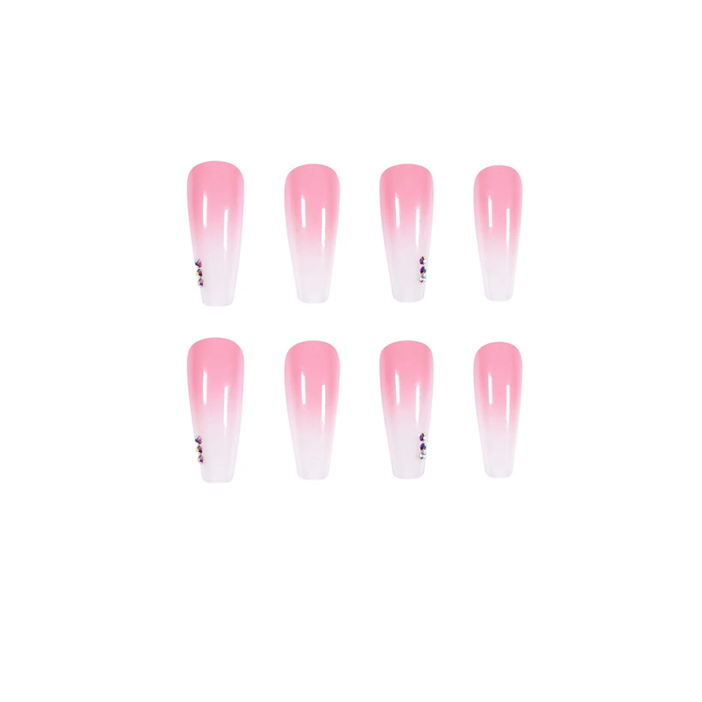 

Ballerina Coffin False Nails Pretty Rhinestone Decal False Nails Extra Long Pink White Gradient Artificial Full Nail Art Tips