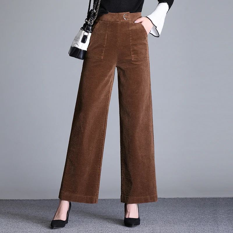 

Осень 2021, женские брюки с широкими штанинами, модные женские свободные брюки в полоску с высокой талией, повседневные вельветовые тренирово...