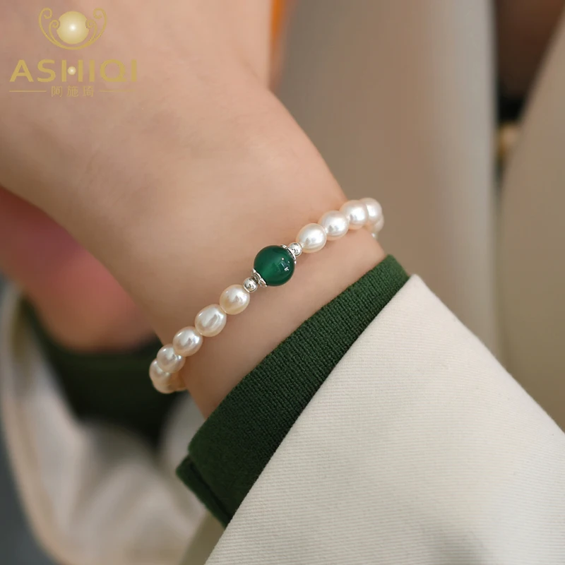 

ASHIQI Natural freshwater pearl 925 sterling silver Green chalcedony Bracelet Fashion Jewelry for Women