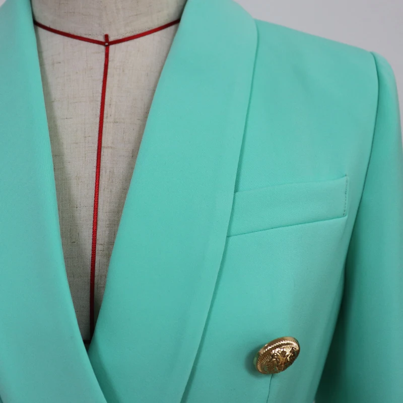 

2020 Newest Fashion Designer Jacket Women's Slim Fit Double Breasted Lion Buttons Shawl Collar Blazer Mint Green
