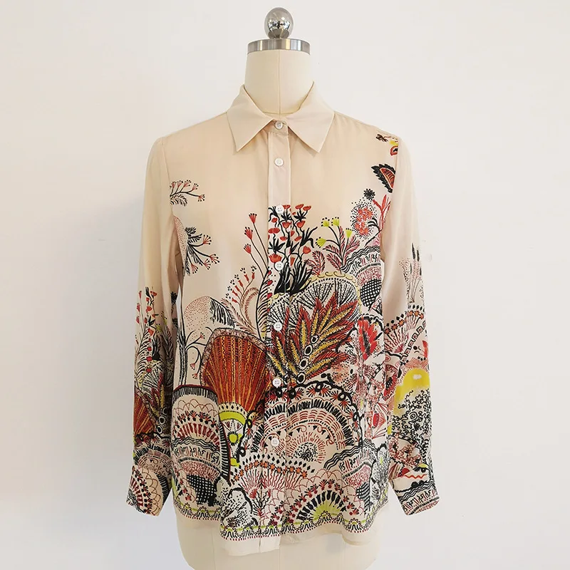 Woman Shirt Blouses Top 2021 Spring Summer 100% Silk Printed Turn Down Collar Long Sleeves Single Breasted Woman Clothes S-XL