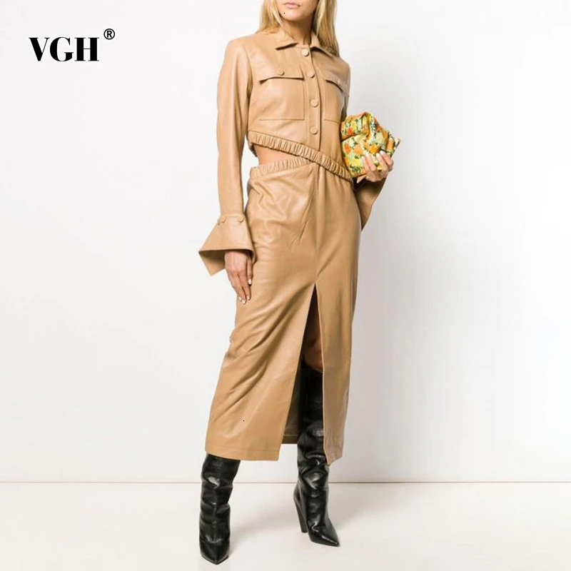 Женский костюм из двух предметов VGH ассиметричное пальто искусственной кожи с